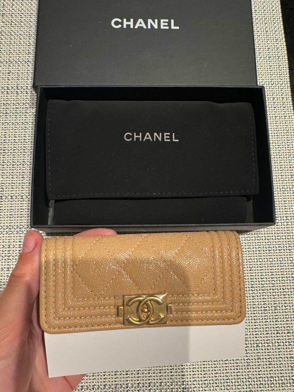 CHANEL Beige Quilted Caviar Leather Wallet with Gold Hardware